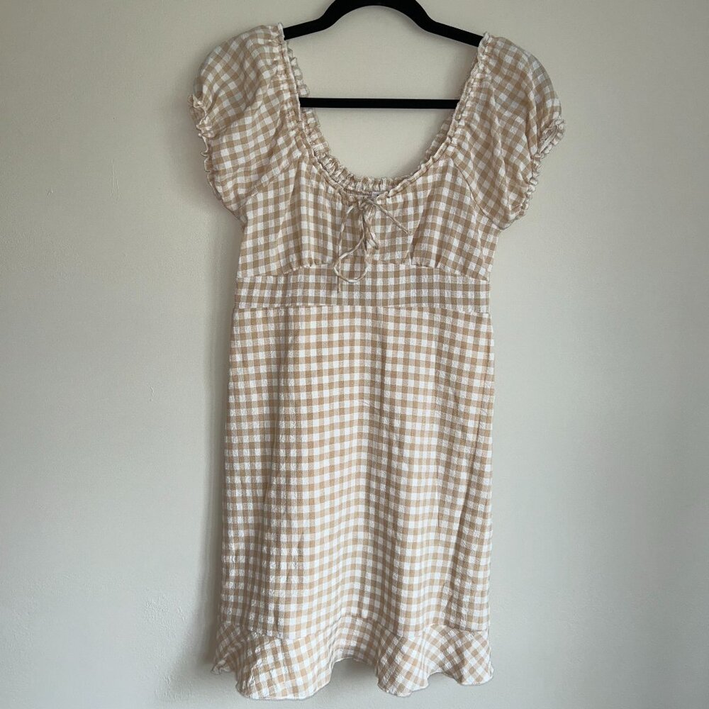 Cotton On Milly Sweetheart Mini Dress XS Taupe Gingham Puff Sleeve NWT - Picture 2 of 8